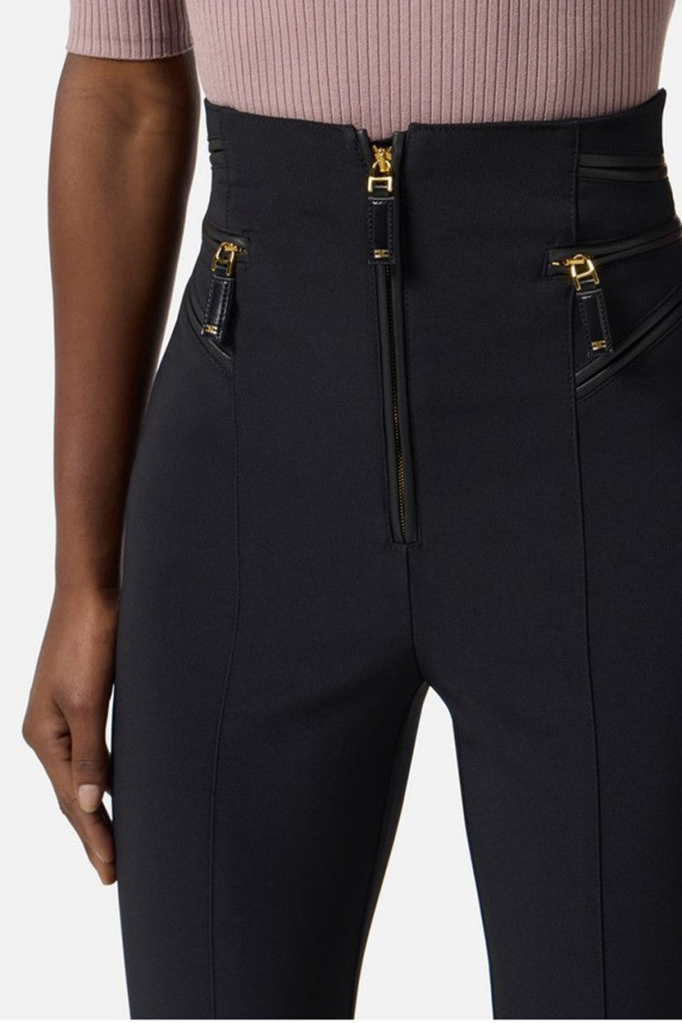 Elisabetta Franchi Black Front Zip Pocket Detail Polyester-Wool Cropped Pants
