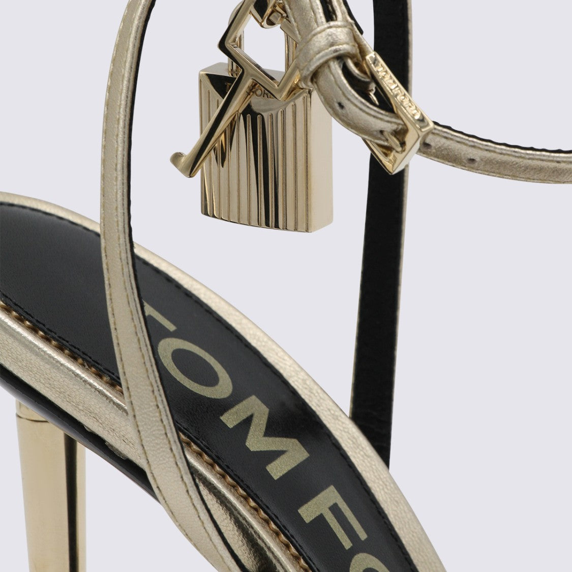 Tom Ford Gold Metallic Stiletto Sandals With Decorative Padlock Charm