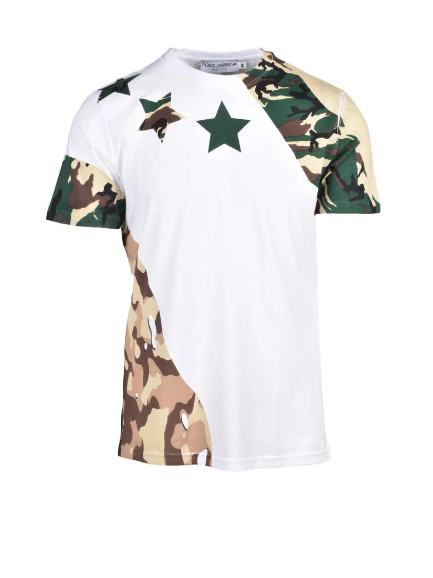 Dolce & Gabbana White/Green Camouflage Sleeve Panel Cotton T-Shirt