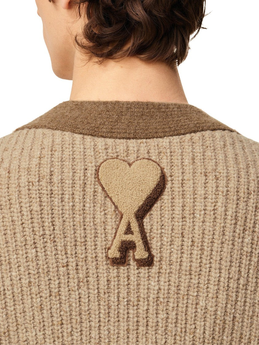 Ami Classic College-Style Wool Sweater In Rich Brown