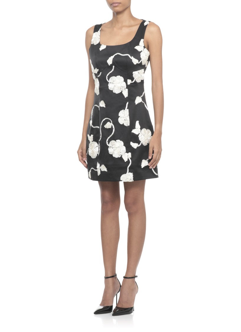 Rotate Fitted Black 3D Floral Mini Dress With Crew Neck