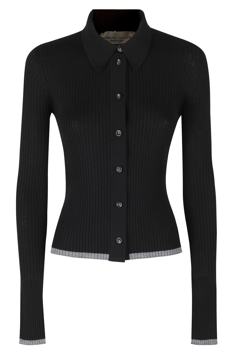 Roberto Collina Black-Gray Ribbed Merino Wool Cardigan