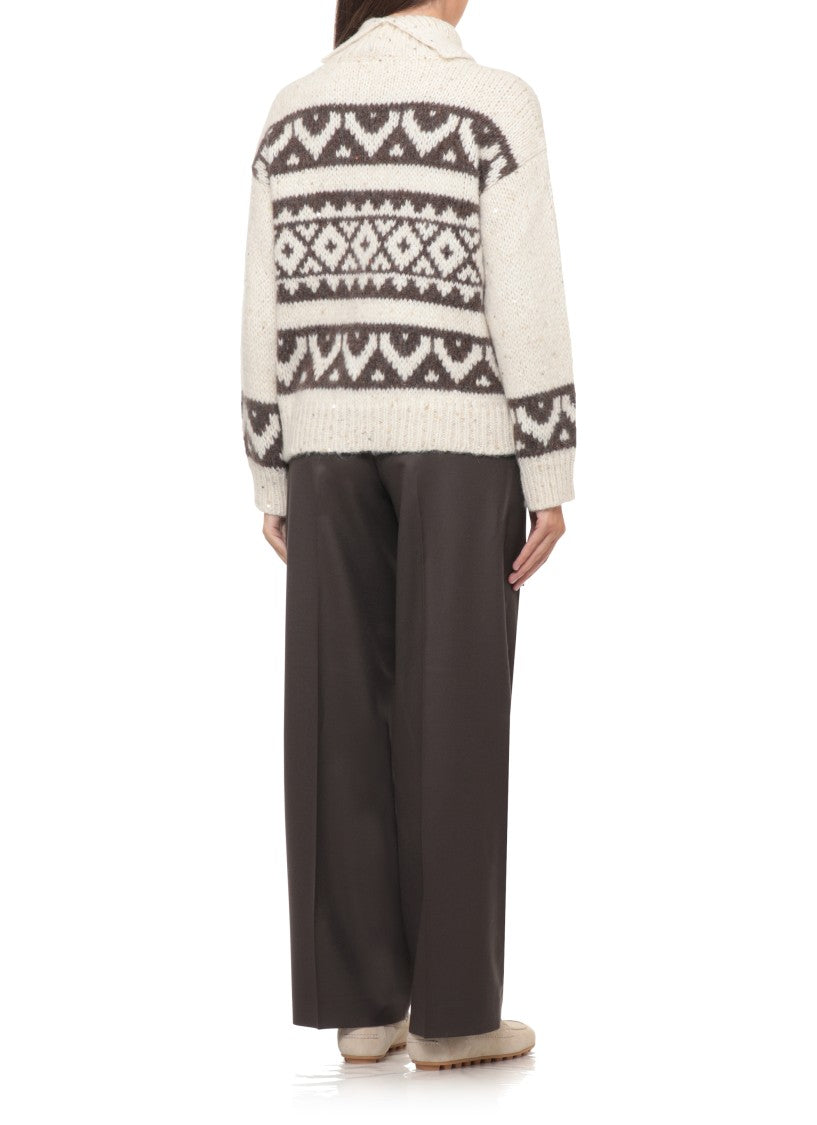 Peserico Ivory Alpaca Blend Sweater With Geometric Pattern
