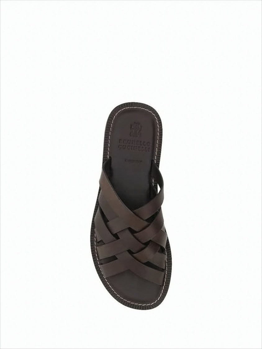 Brunello Cucinelli Interwoven Calf Leather Slip-On Mule Sandal