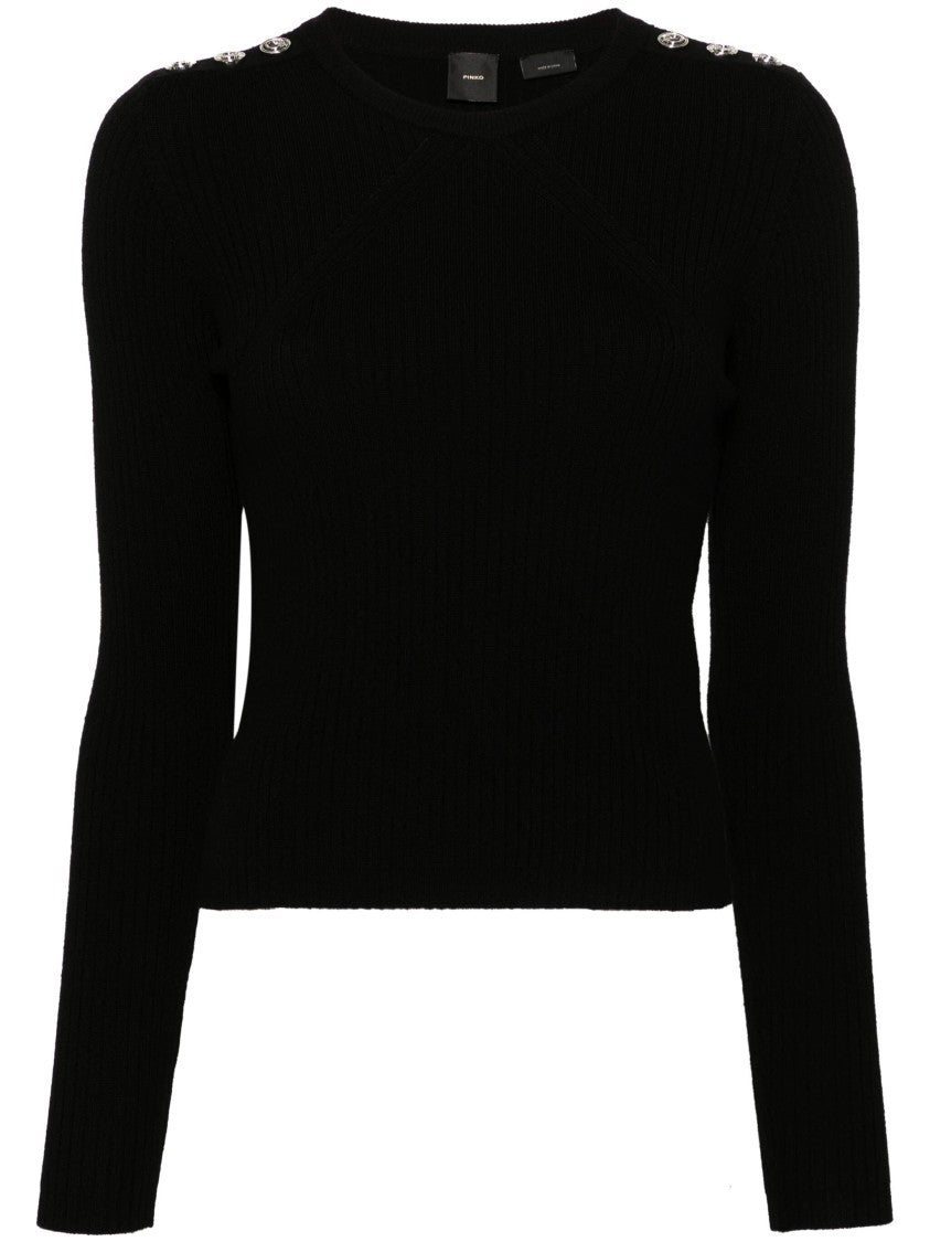 Pinko Fitted Ribbed Knitted Sweater With Shoulder Embellishments