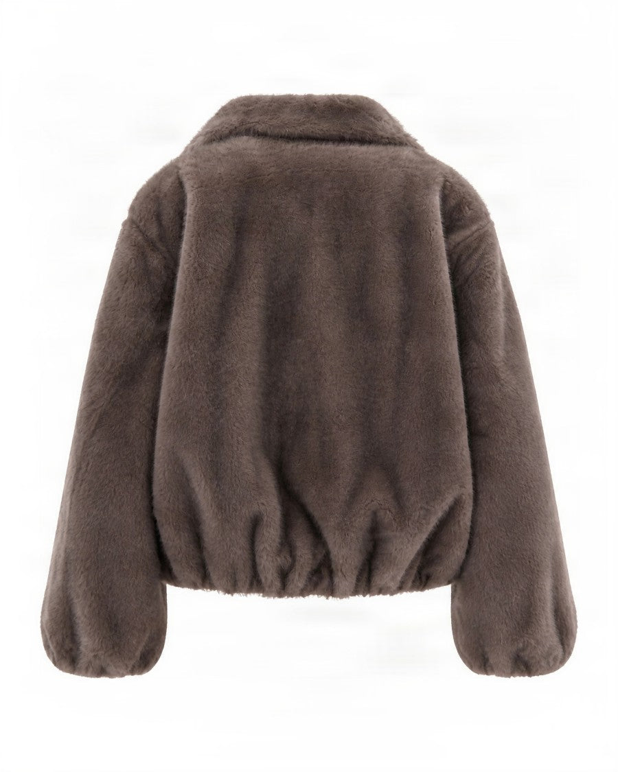 P.A.R.O.S.H. Short Taupe Eco Fur Jacket With Stand-Up Collar
