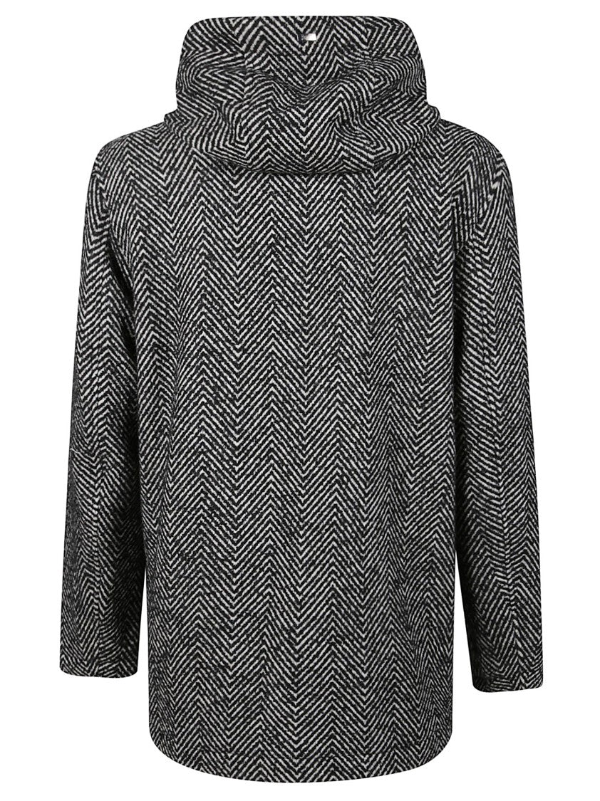 Herno Black Herringbone Pattern Coat With Structured Silhouette