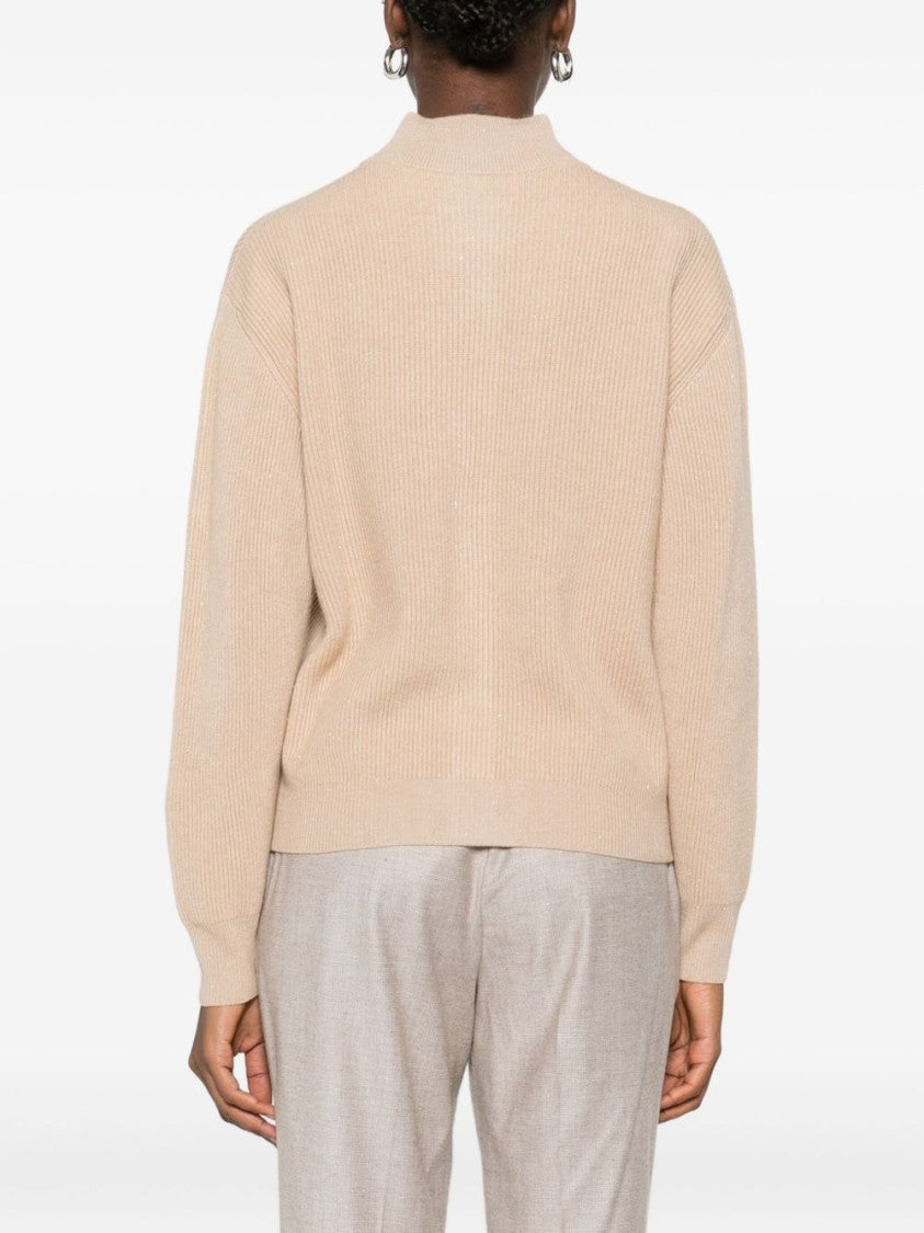 Peserico Beige Ribbed Knit Sweater With High Neckline