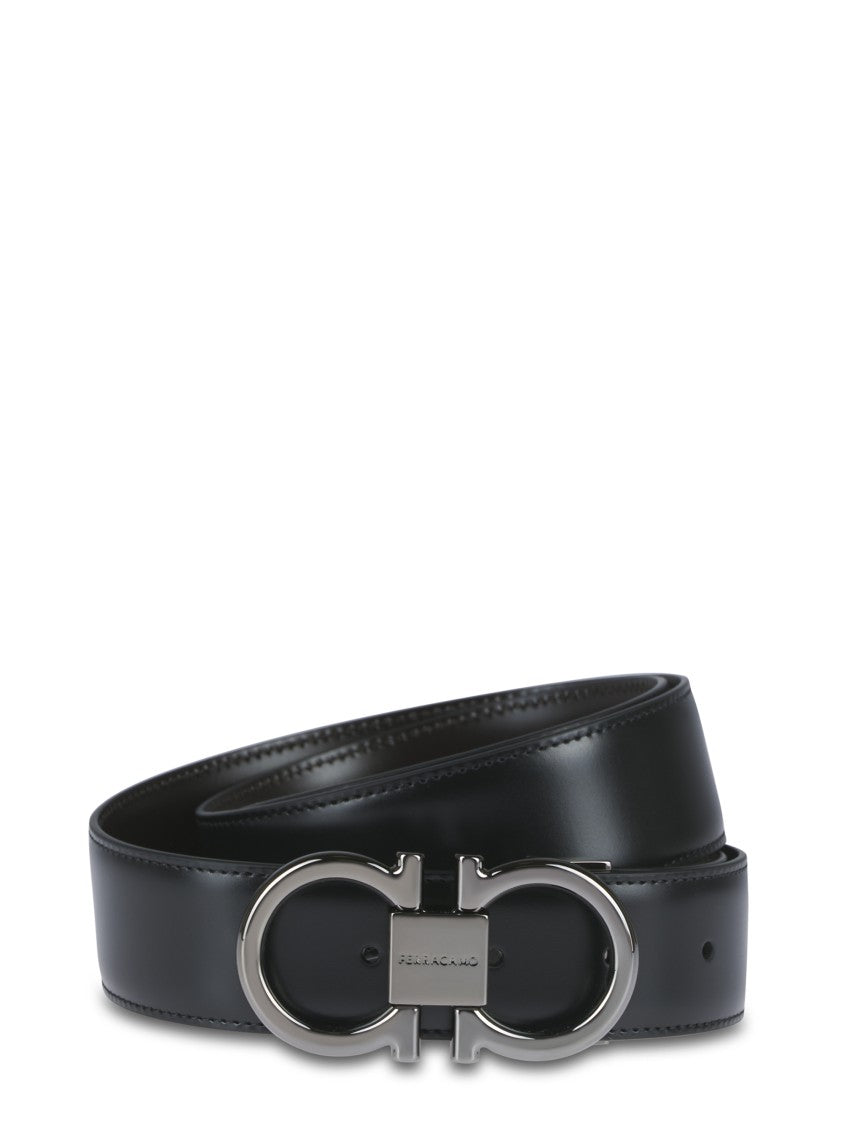Ferragamo Polished Double Gancini Buckle Belt In Calf Leather