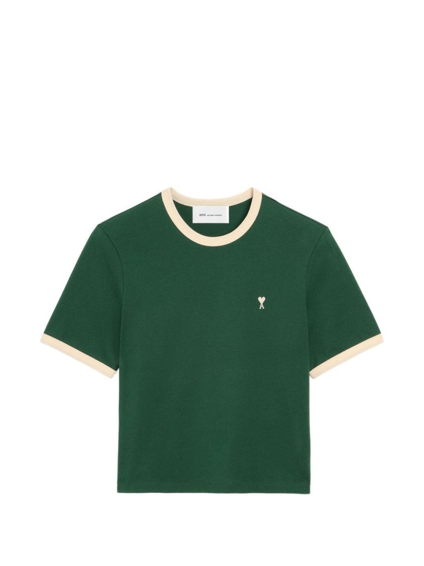 Ami Paris Cropped T-Shirt With Cream Ribbed Trims And Embroidered Logo