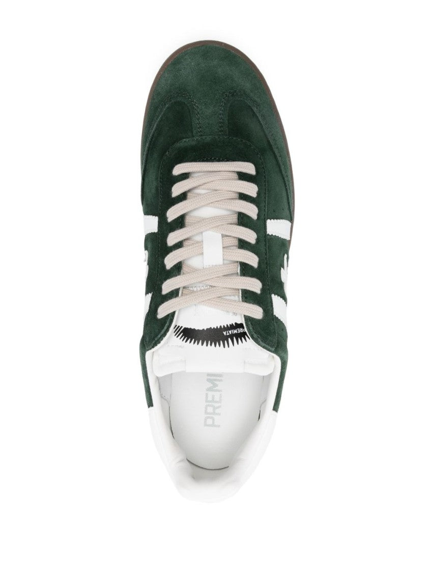 Premiata Dark Green Suede Low-Top Sneakers With Distinctive Logo