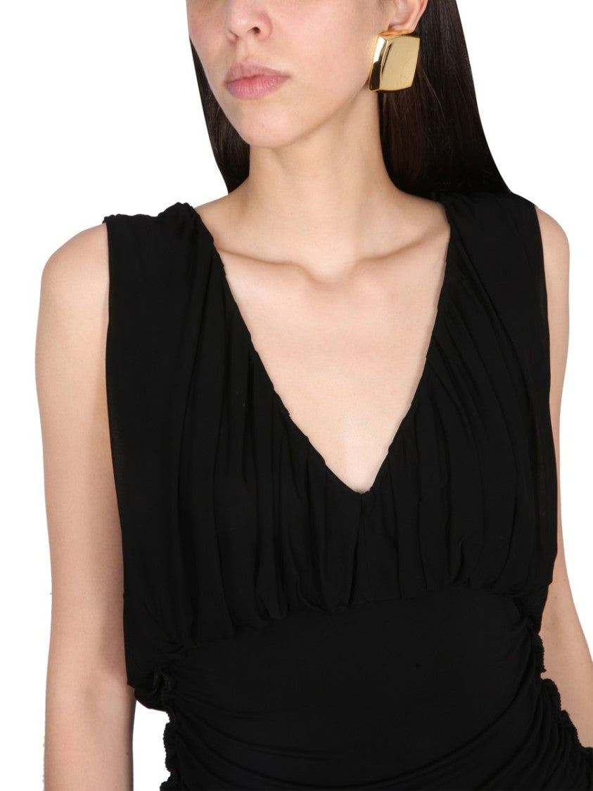 Saint Laurent Deep V-Neck Jersey Dress With Gathered Detailing