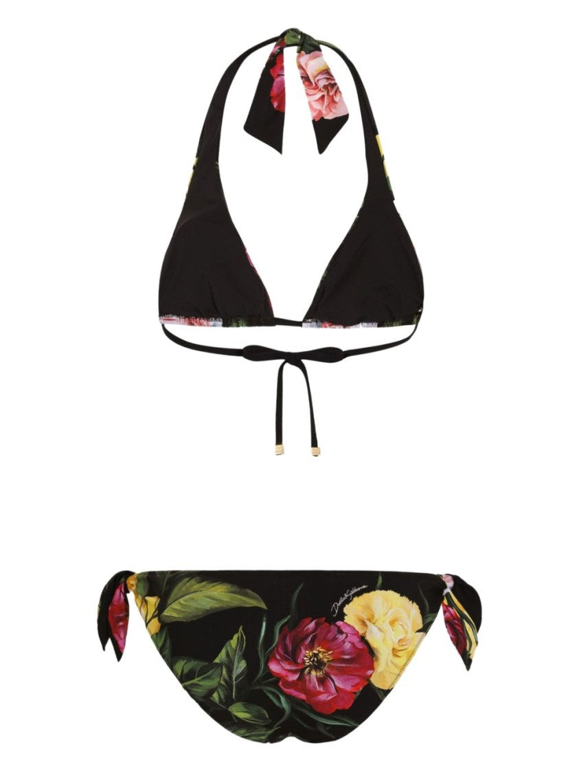 Dolce & Gabbana Black Floral Bikini Set With Halterneck Design