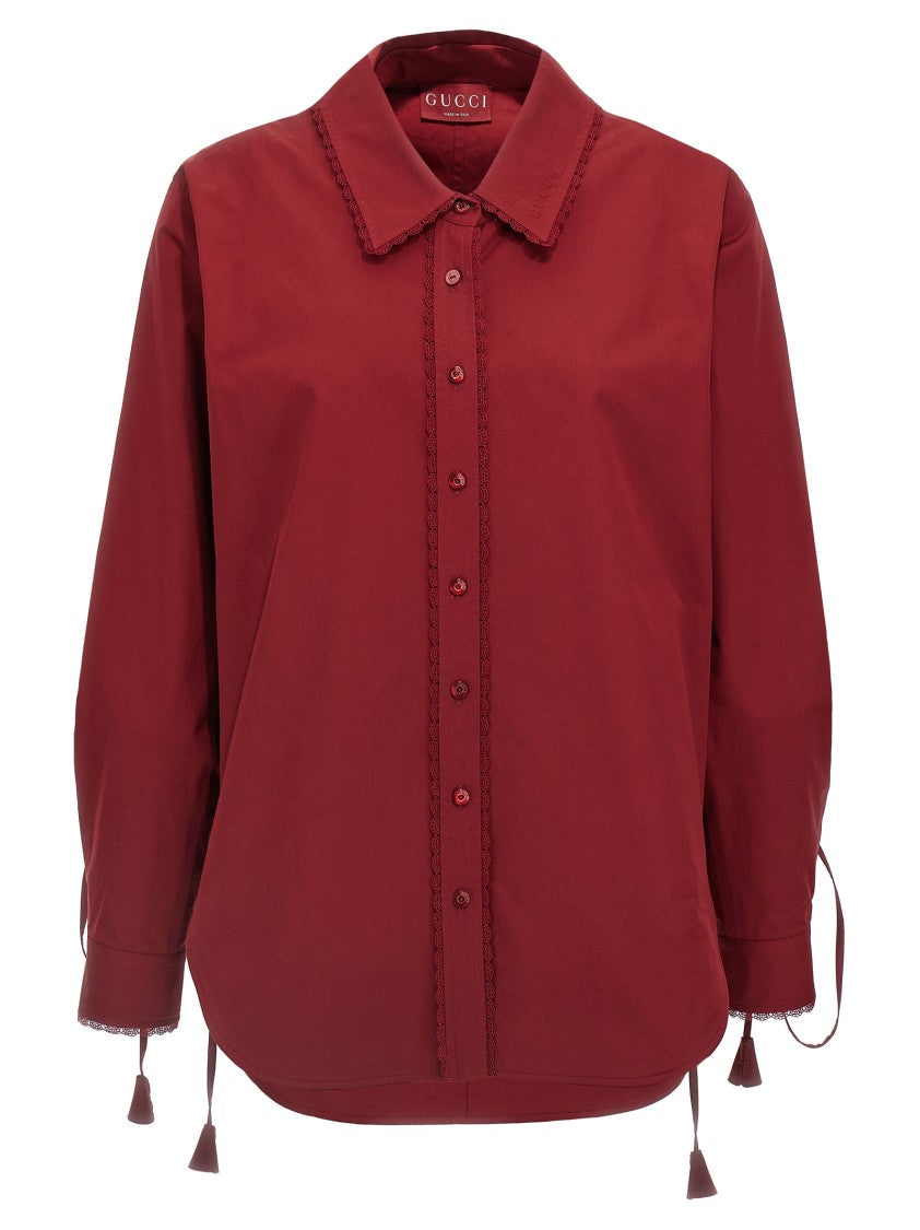 Gucci Knotted Lace Detail Long-Sleeved Shirt In Deep Red Cotton Poplin