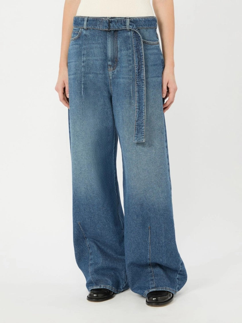 Weekend Wide-Leg Denim Pants With High Waist And Fabric Belt