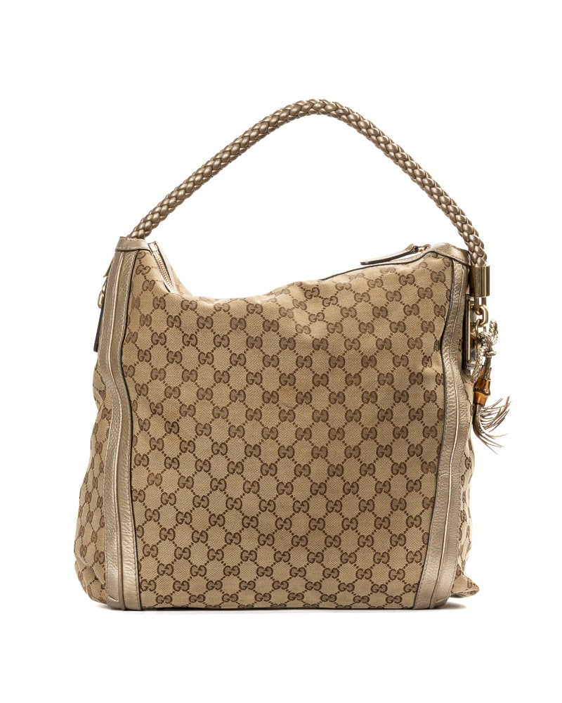 Gucci Gold Gg Supreme Hobo Bella Medium Canvas Shoulder Bag