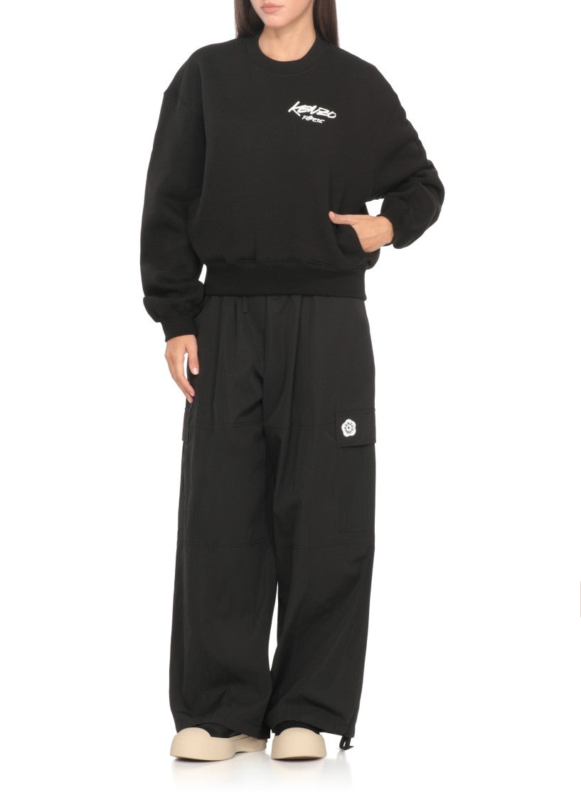 Kenzo Relaxed Fit Black Cotton Blend Pants With Logo Accents
