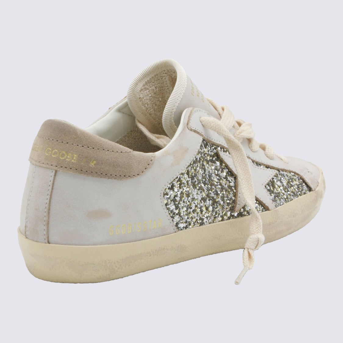 Golden Goose Distressed White Sneakers With Glitter Accents