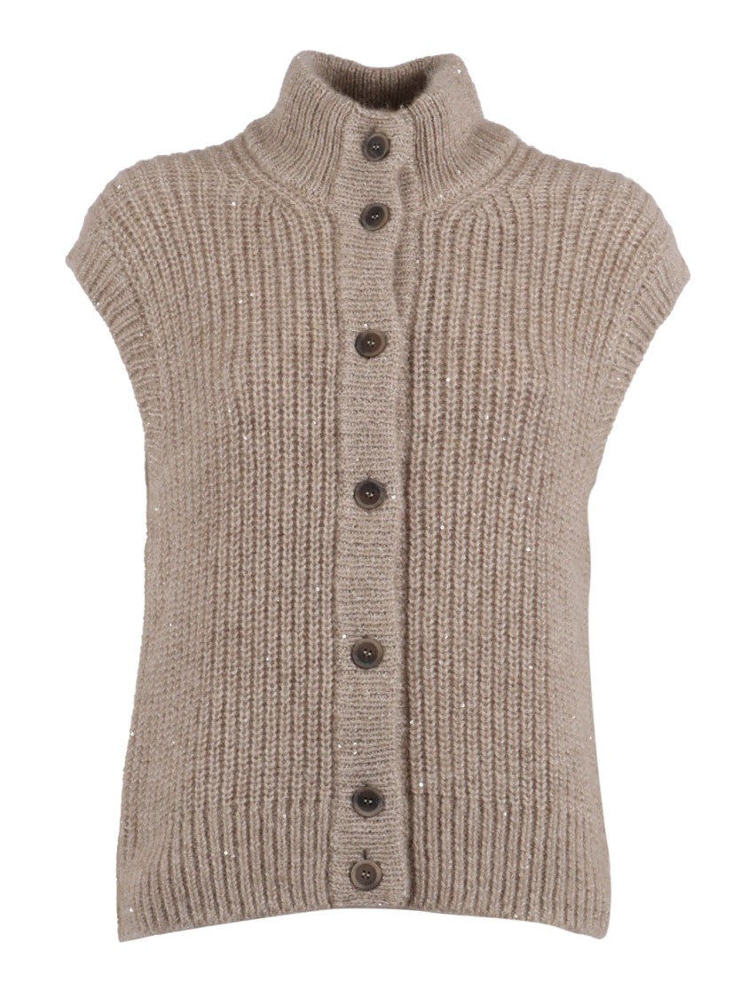 Peserico Chunky Ribbed Knitted Waistcoat With High Collar