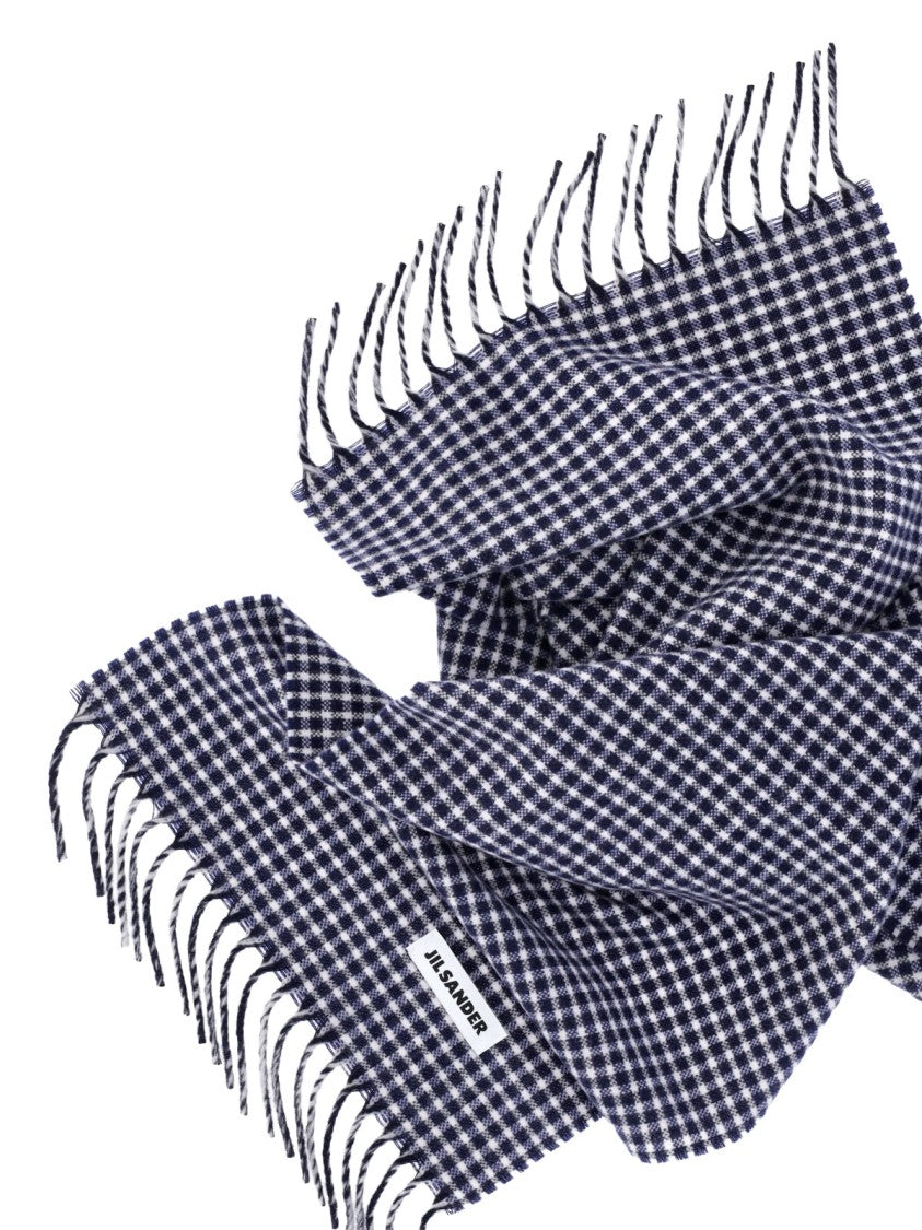 Jil Sander Blue Check Virgin Wool Fringed Scarf