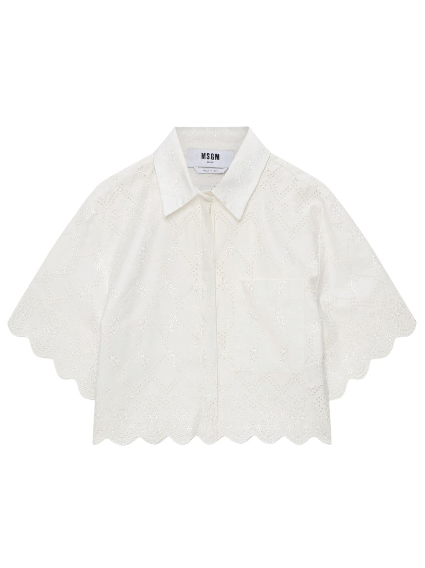 Msgm Delicate Eyelet Cropped Shirt With Scalloped Hemline