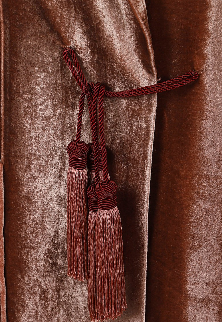 La Double J Glossy Velvet Duster Coat With Double-Breasted Closure And Tailored Silhouette