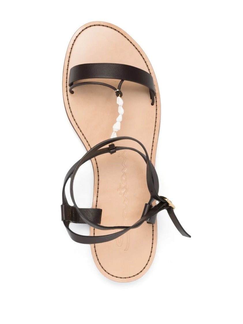Santoni Shell T-Bar Flat Leather Sandals