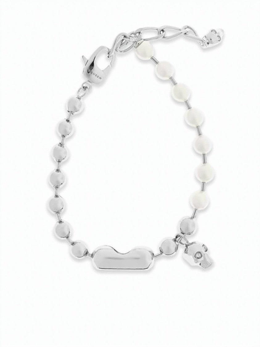 Alexander Mcqueen Palladium-Finish Bracelet With Skull Charm And Rectangular Plate