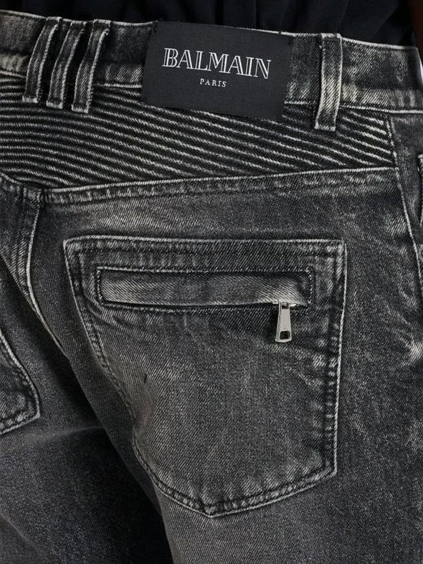 Balmain Slim Fit Distressed Denim Pants With Ribbed Detailing