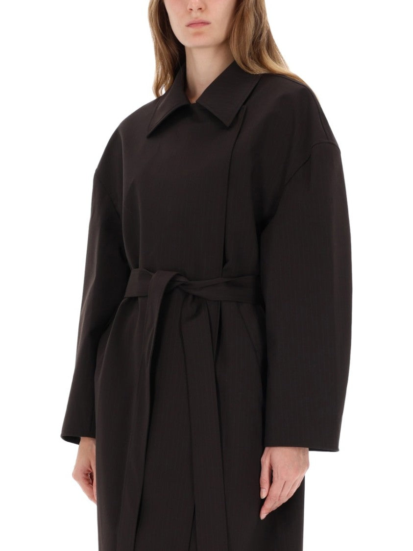 Our Legacy Long Oversized Coat With Wide Collar And Matching Belt