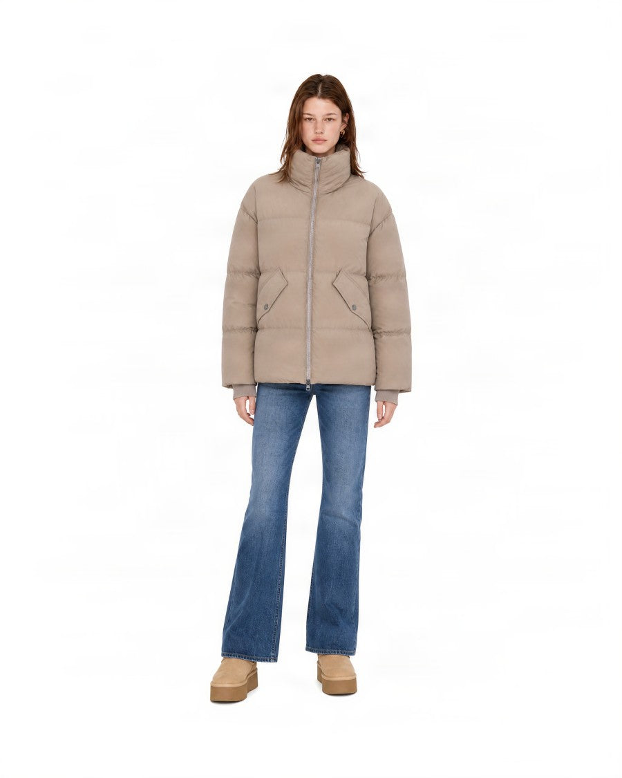 Woolrich Light Taupe Kelly Short Quilted High Collar Down Jacket