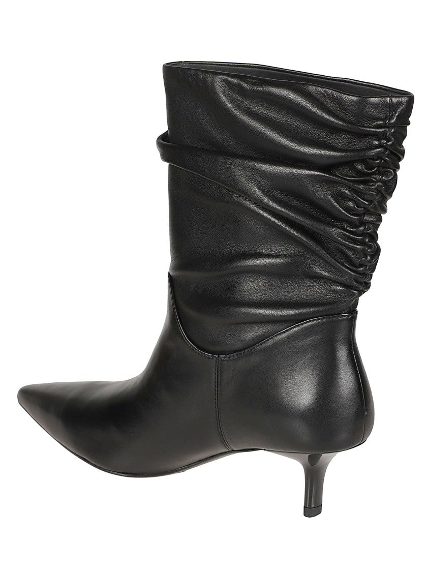 Pinko Pointed Toe Ankle Boots With Ruched Upper And Metallic Charm