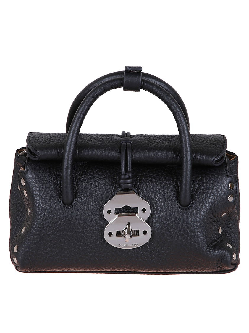 Zanellato Structured Black Hammered Leather Bag With Twist Lock Closure