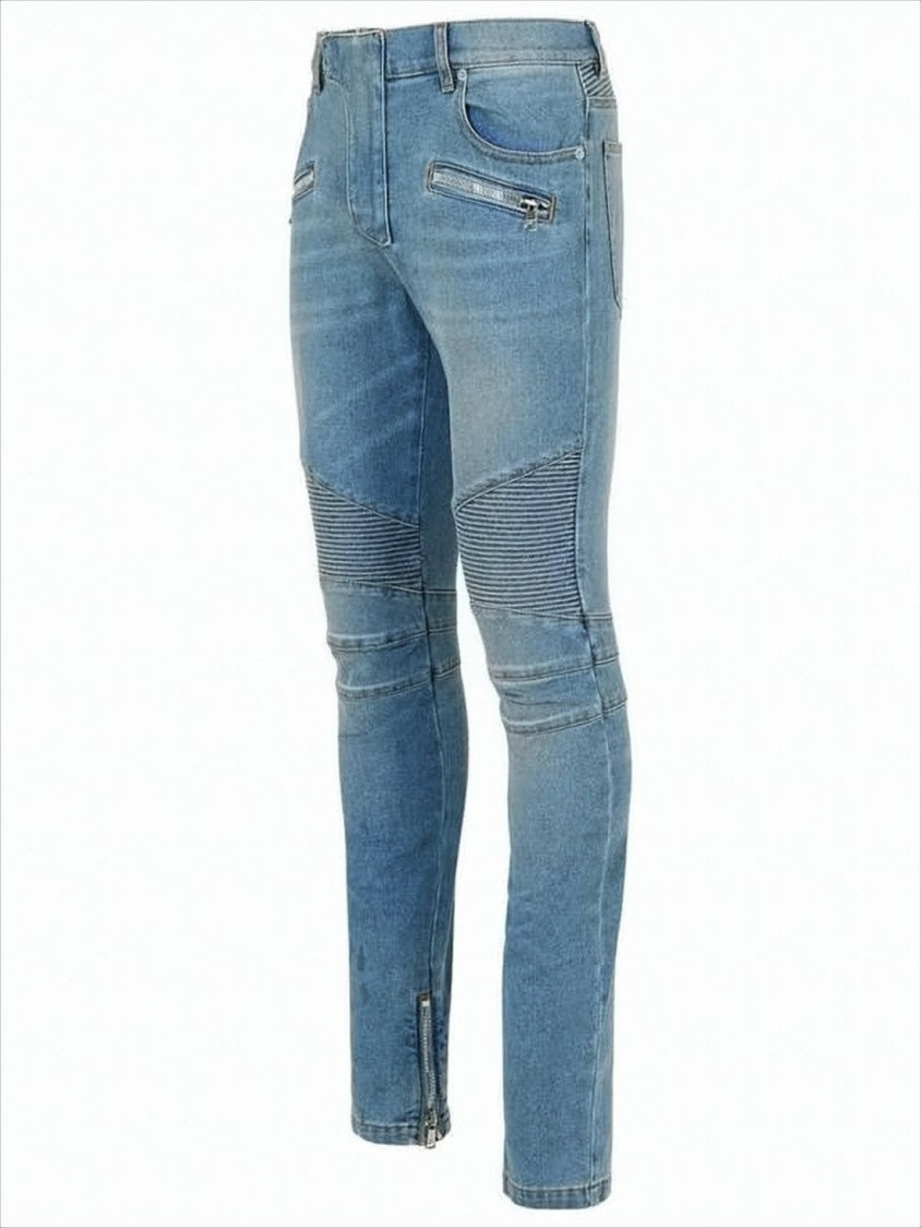Balmain Light Blue Slim-Fit Denim Pants With Ribbed Detailing