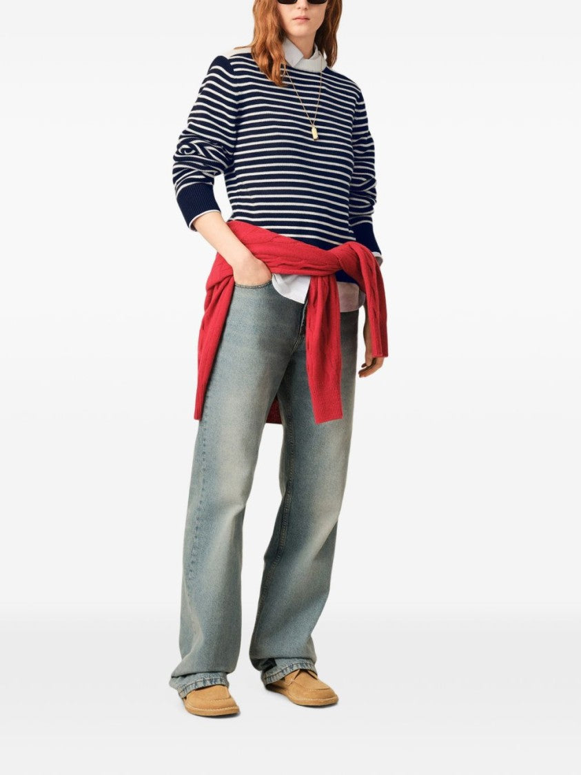 Ami Paris Navy And White Striped Sweater With Contrasting Cream Panel