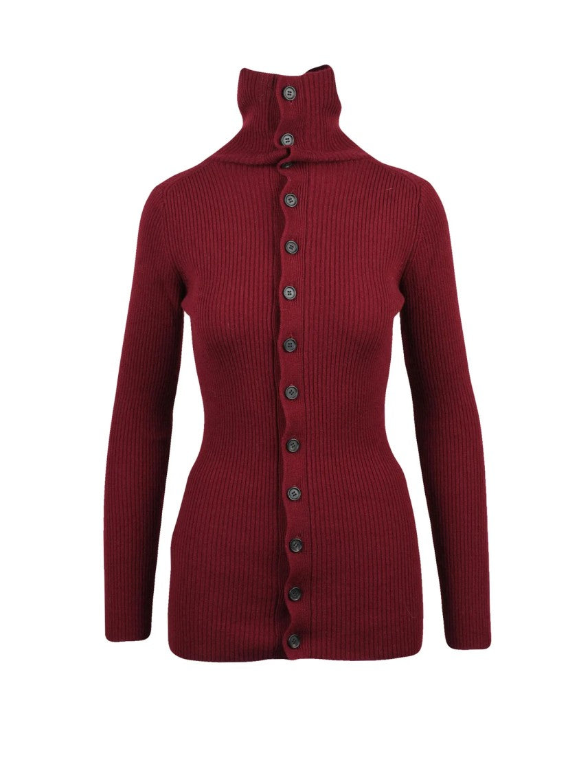 Yohji Yamamoto Ribbed Wool Cashmere Cardigan With High Neck Design
