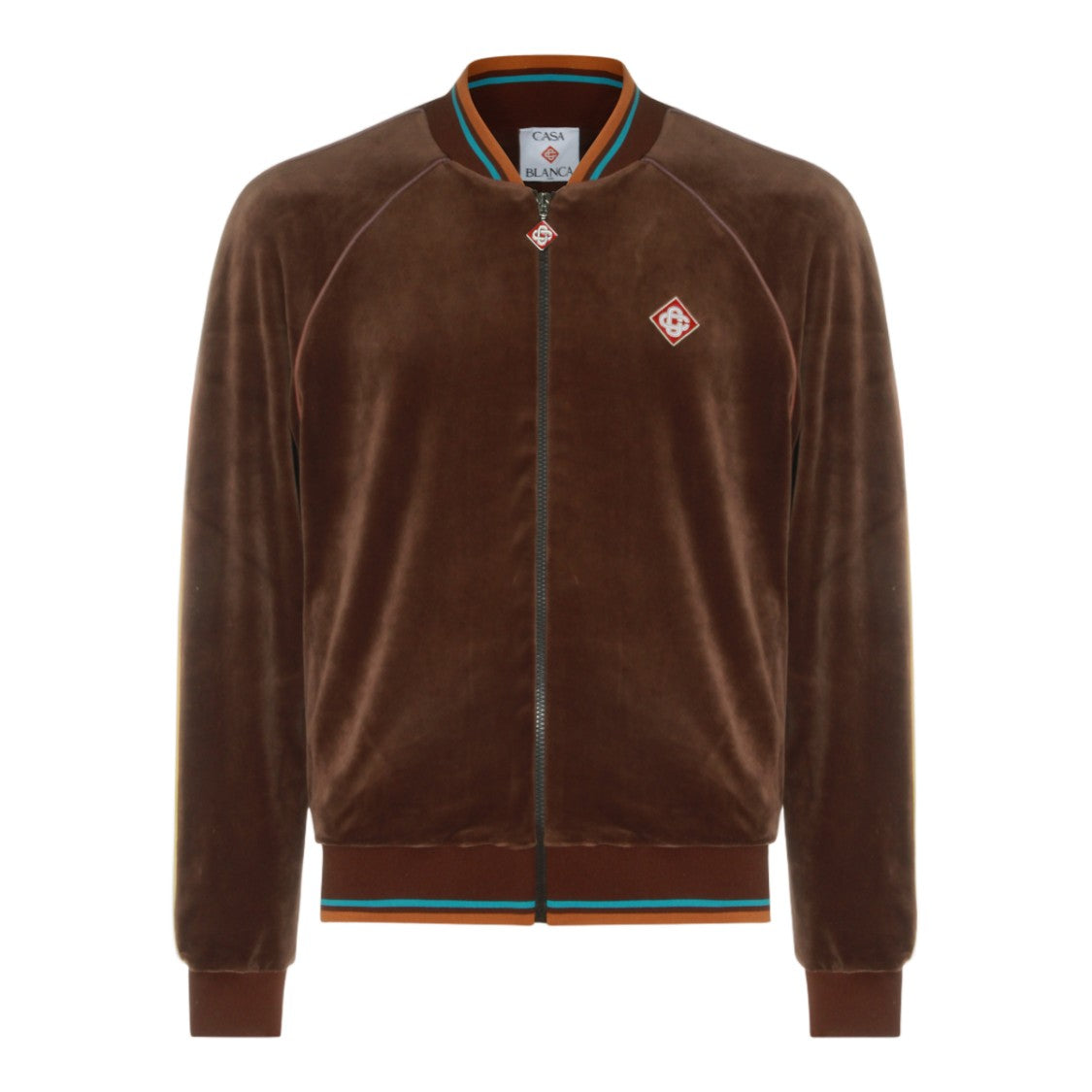 Casablanca Brown Velvet Bomber Sweater With Contrasting Stripe Details