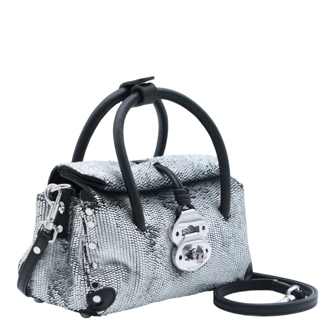 Zanellato Textured Silver Sequin Handbag With Black Accents
