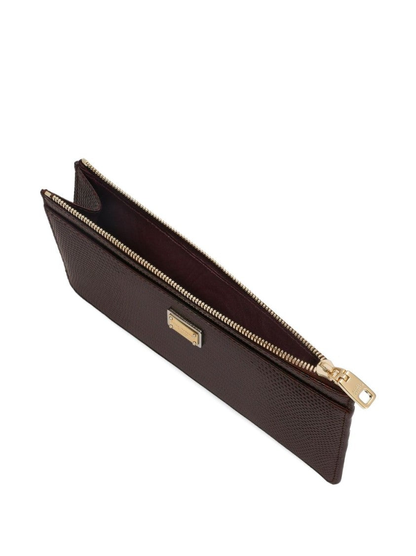 Dolce & Gabbana Textured Leather Bordeaux Clutch With Gold-Tone Accents