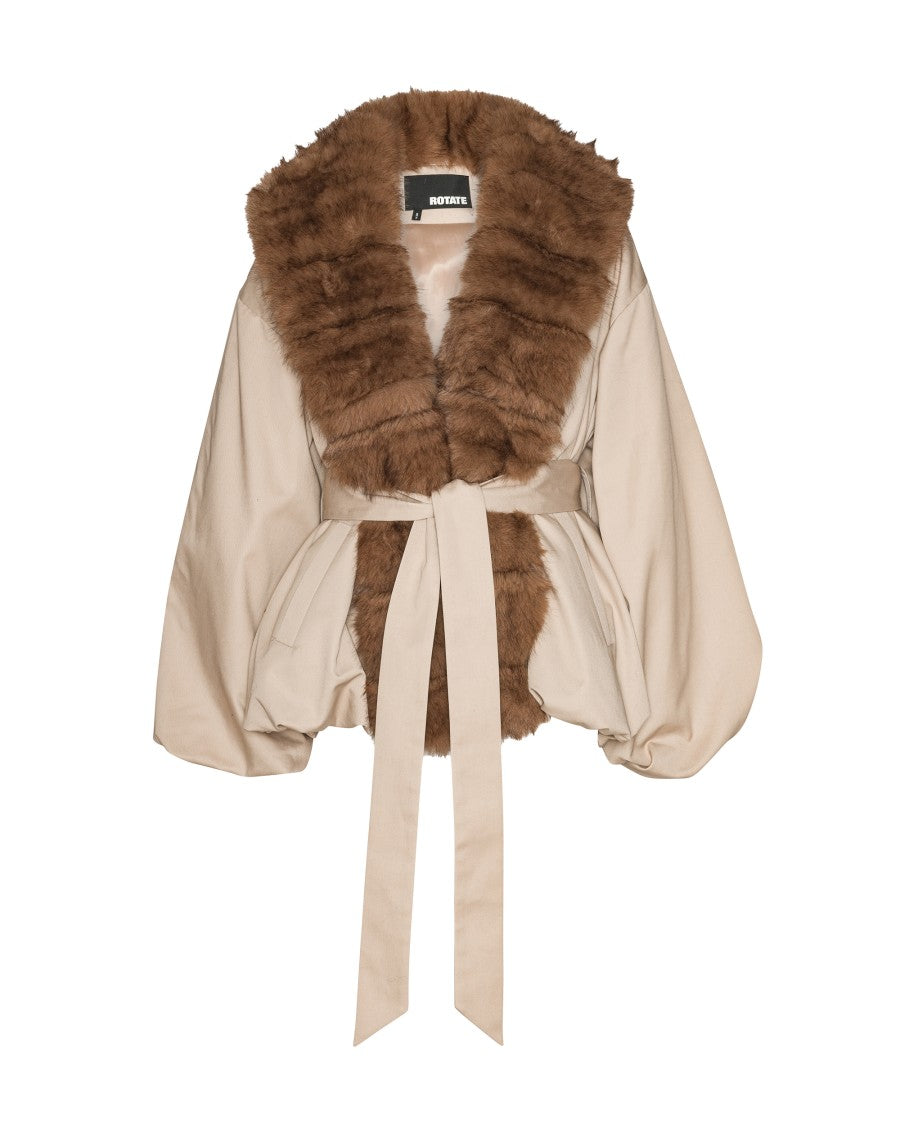 Rotate Synthetic Fur Collar Jacket With Contrasting Fabric Panels