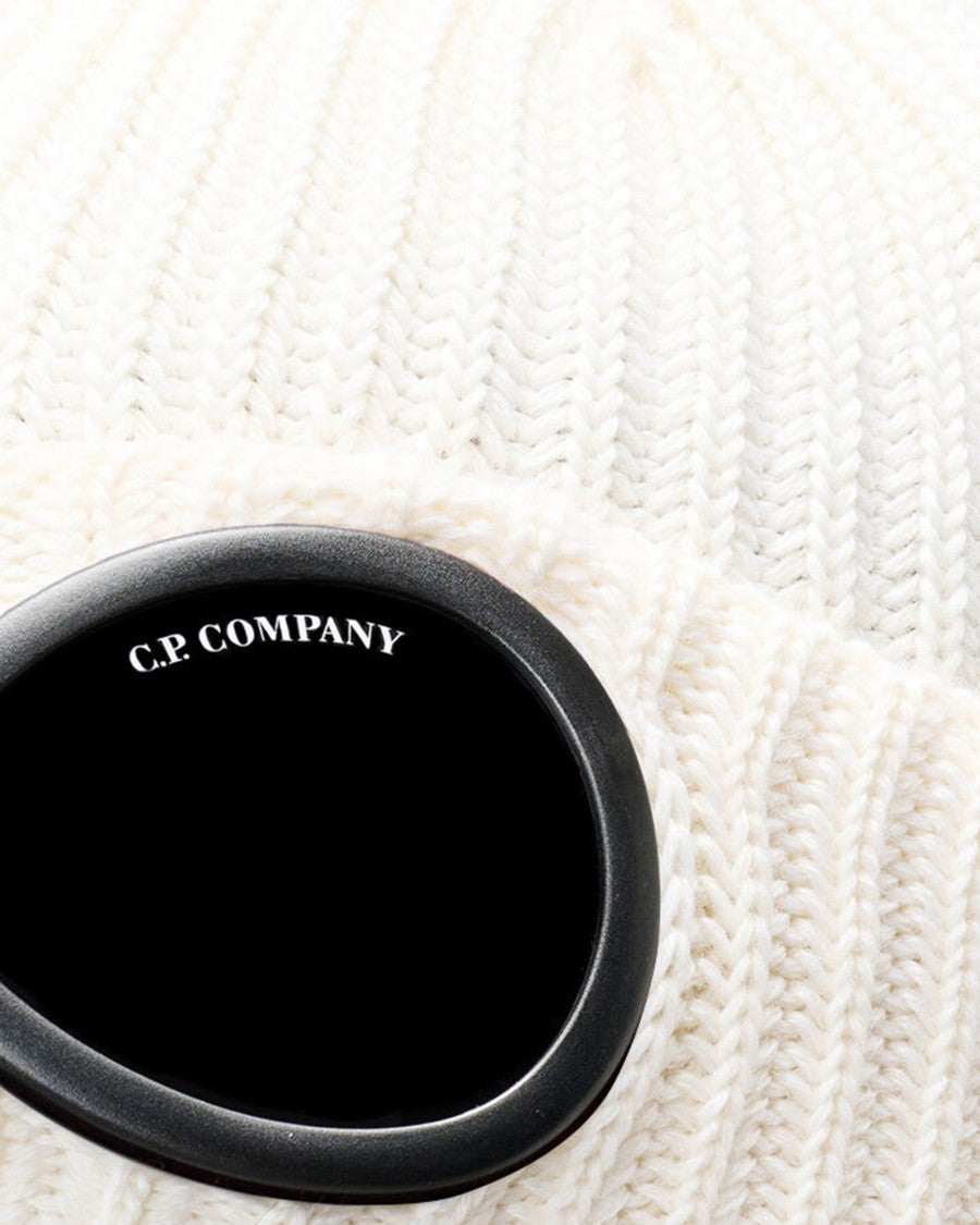 C.P. Company White Lens Gauze Ribbed Knit Beanie