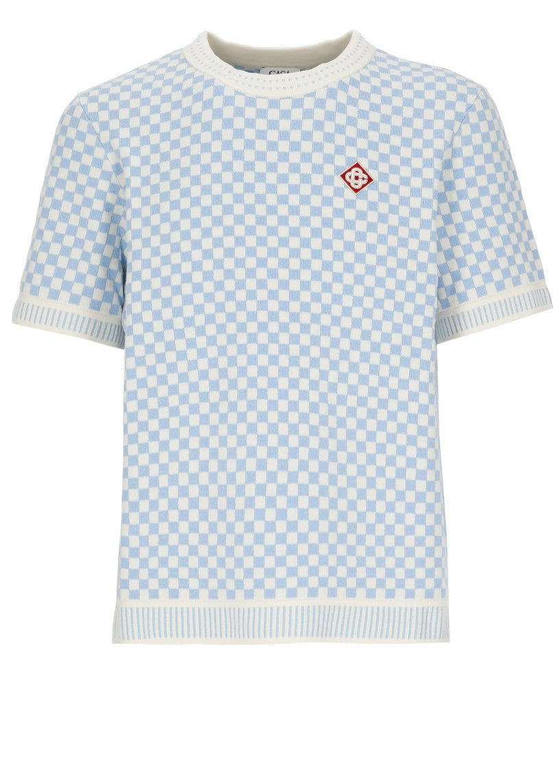 Casablanca White Light Blue Checkered Cotton T-Shirt