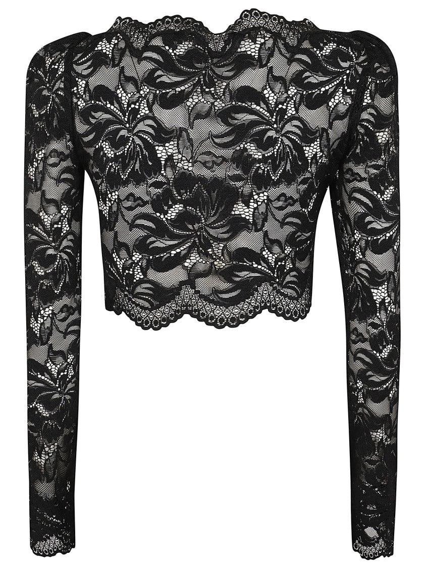 Paco Rabanne Black Floral Lace Long-Sleeved Top With Scalloped Hemline