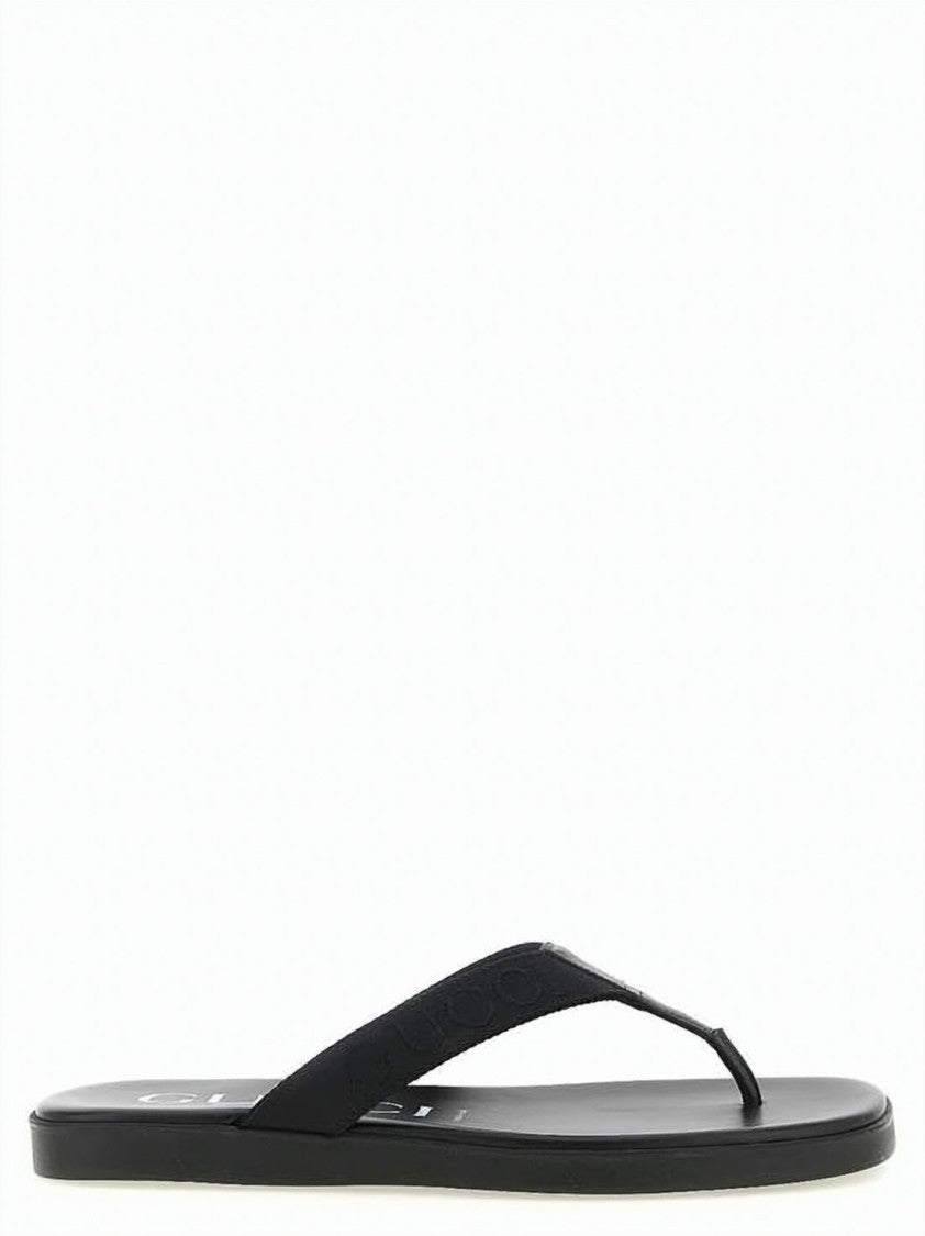 Gucci Black Canvas And Leather Thong Sandals With Rubber Sole