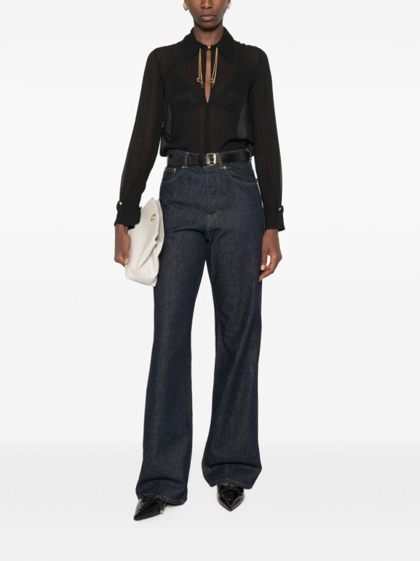 Elisabetta Franchi Sheer Black Classic Collar Blouse