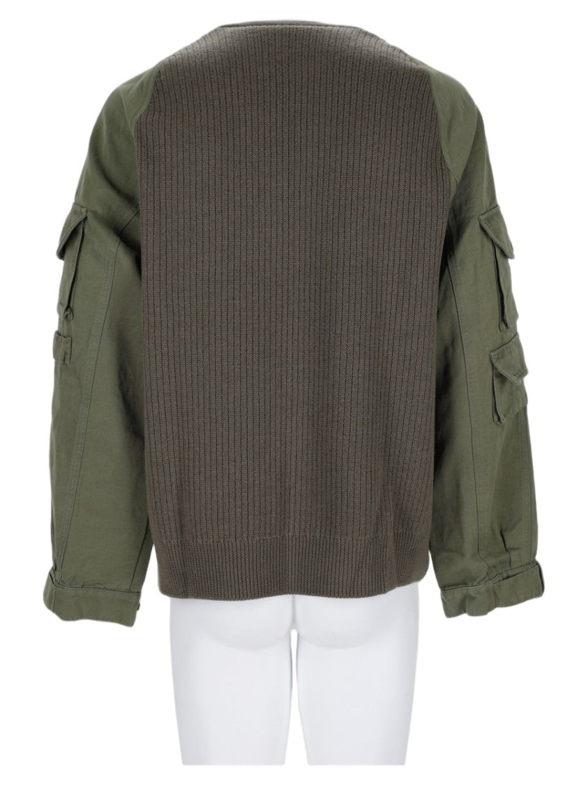 Balmain Ribbed Knit Sweater With Olive Green Sleeves And Flap Pockets