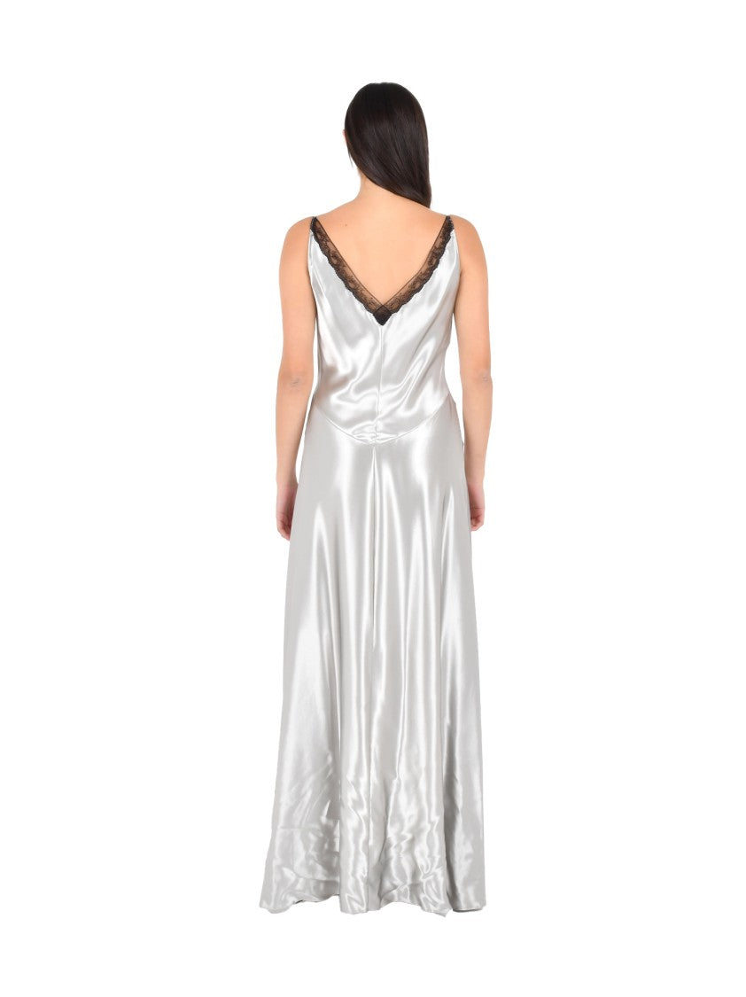 Alberta Ferretti Silver Satin Maxi Dress With Lace Inserts