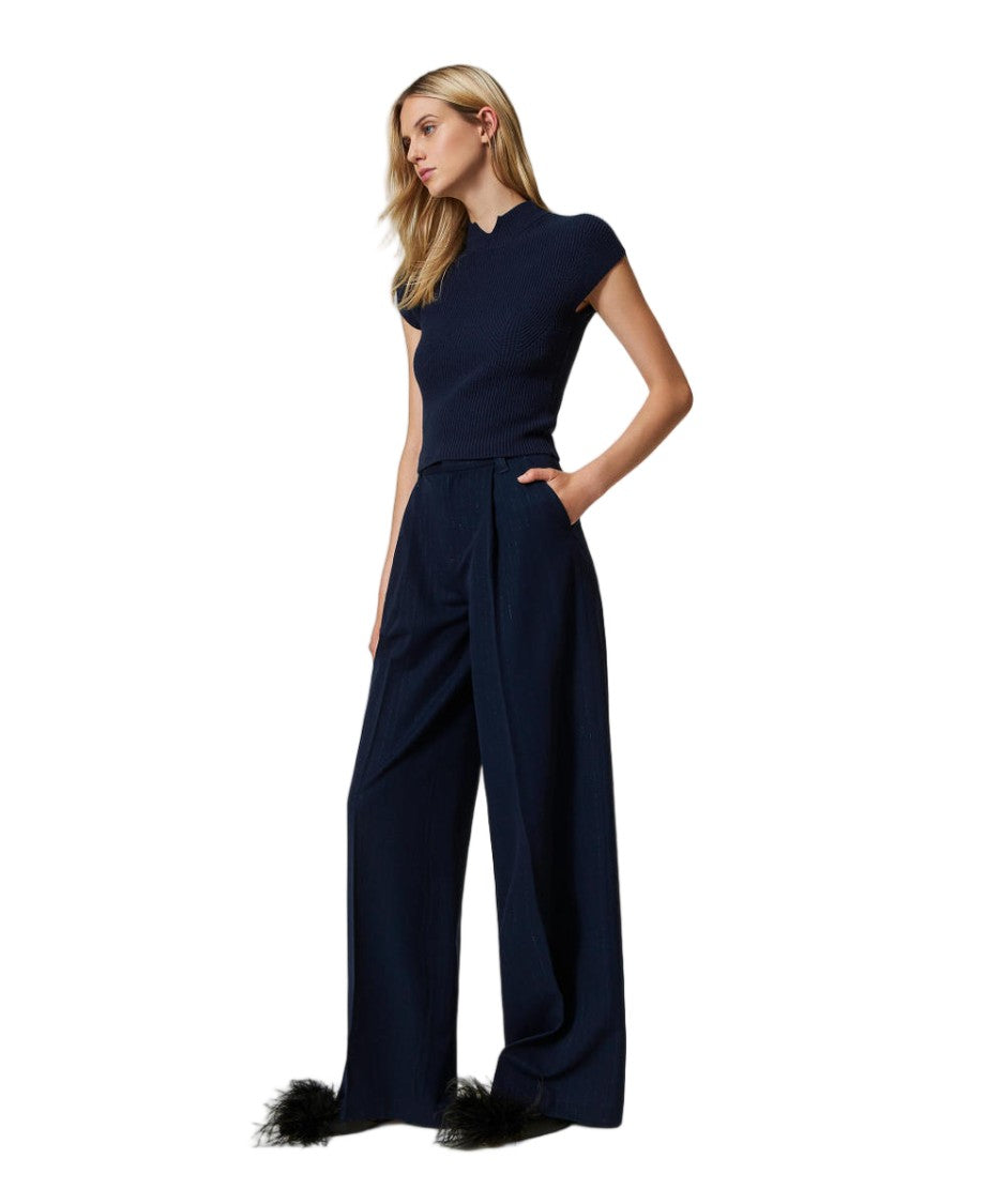 Twin-Set Indigo Lurex Pinstriped Front-Pleat Wide-Leg Pants