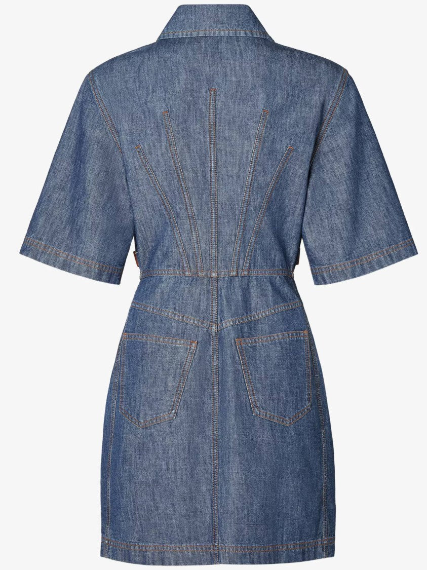 Fendi Short-Sleeved Denim Dress With Structured Collar And Utility Pockets