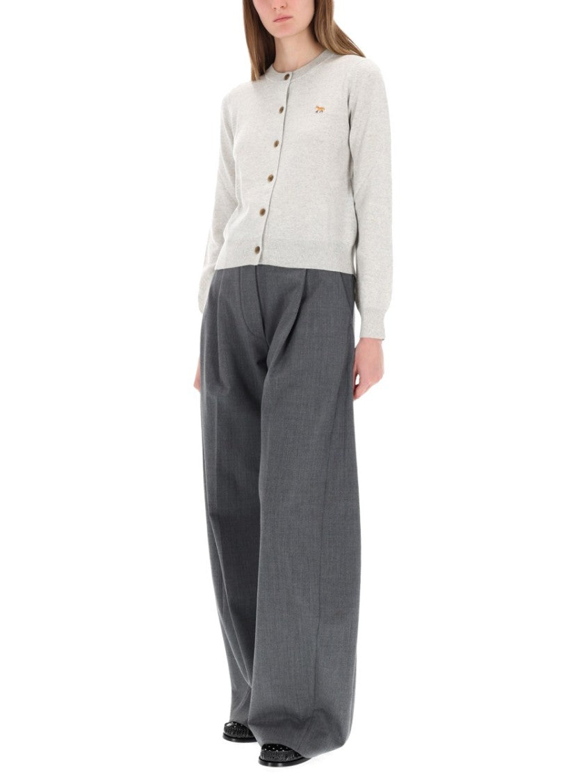 Maison Kitsuné Soft Light Grey Knit Cardigan With Embroidered Fox Detail